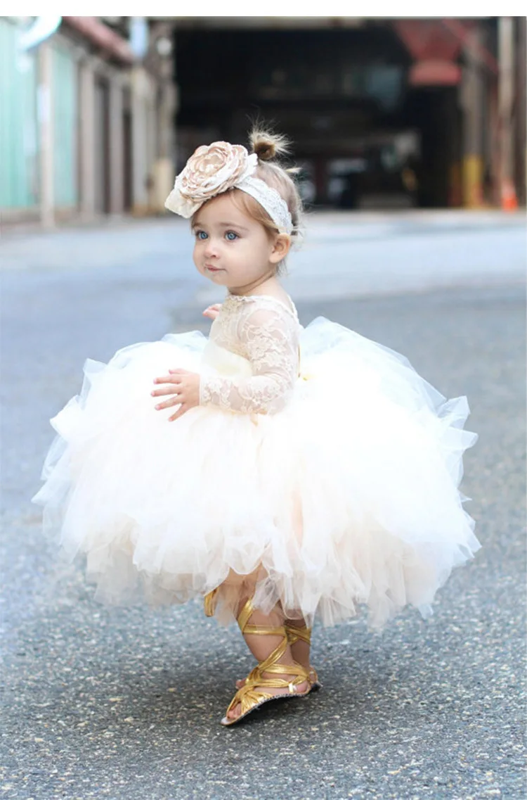 Vintage Flower Girls' Dresses Ivory Baby Infant Toddler Baptism Clothes Long Sleeves Lace Tutu Ball Gowns Birthday Party Dress |