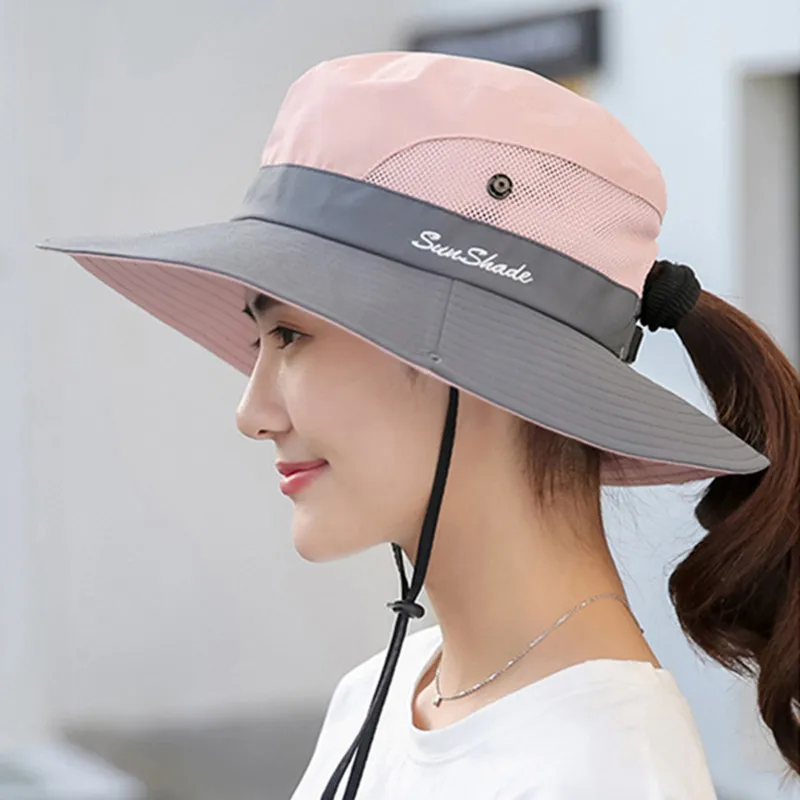 

UV Protection Foldable Bucket Hats For Women Horsetail Hole Fisherman's Hat Big Wide-Brim Visor Men Fishing Hunting Climbing Cap