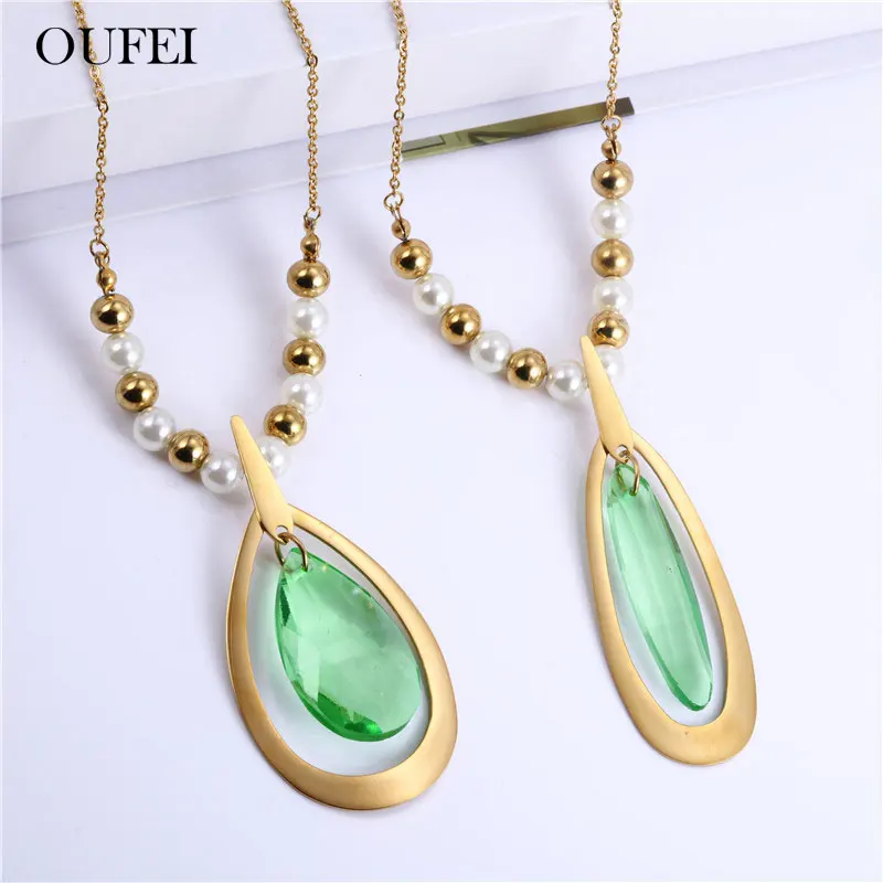 Женский комплект украшений OUFEI сережки и ожерелье из нержавеющей стали с зеленым