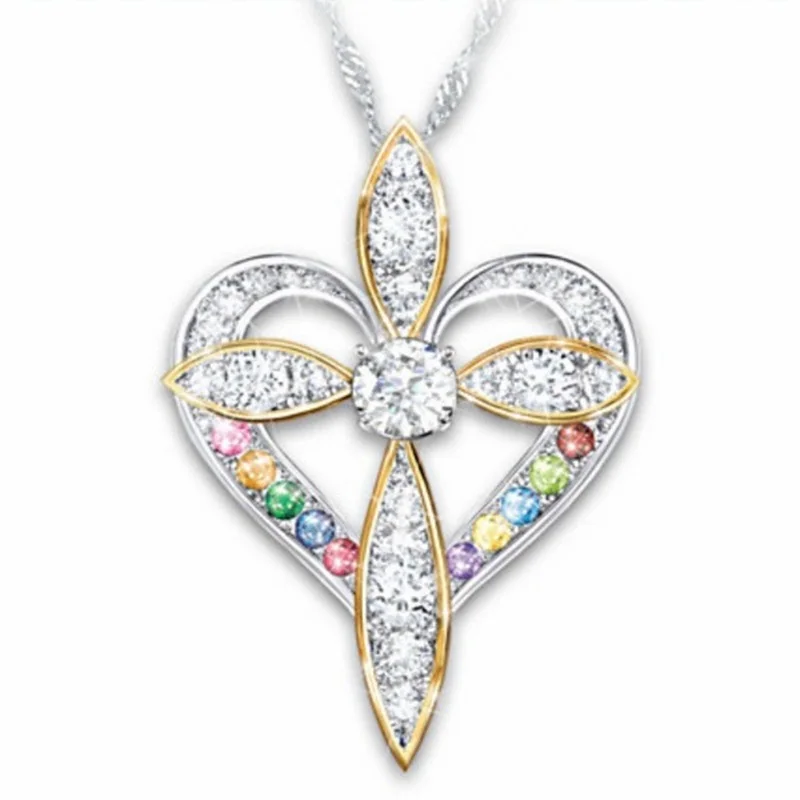 

OMHXZJ NA297 Wholesale European Fashion Woman Girl Party Birthday Wedding Gift Heart Cross AAA Zircon 18KT Gold Pendant Necklace