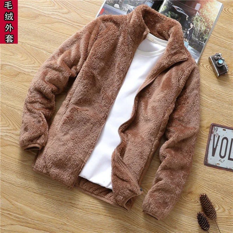 

Coat Men's 2021 autumn/winter youth stand-up collar jacket Fleece men's double-faced fleece jacket with thick warm hoodie