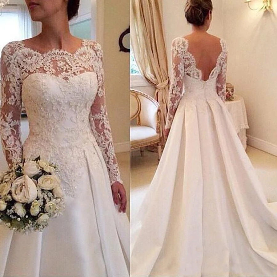 

Classic A-Line Long Sleeves Wedding Dress Backless Sheer Scoop Neck Appliqued Bride Dress vestido de noiva