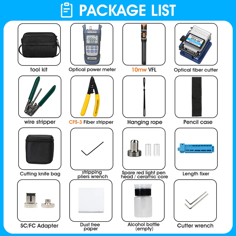 19pcs/set FTTH Fiber Optic Tool Kit with Cleaver -70~+10dBm Optical Power Meter Visual Fault Locator 10mw | Мобильные телефоны и