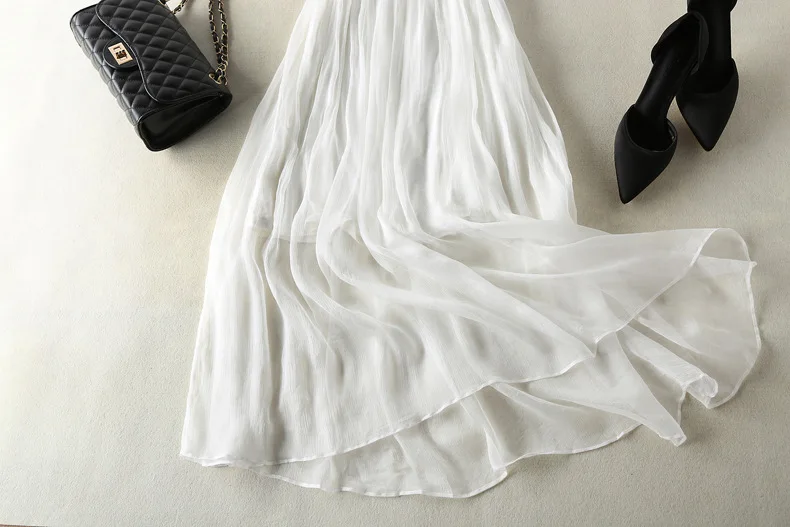 

Elegant Women Long Dress 2021 Summer White 100% Pure Silk Dress Casual Style Office Lady Ruffles Beach Vacation Dress Vestidos