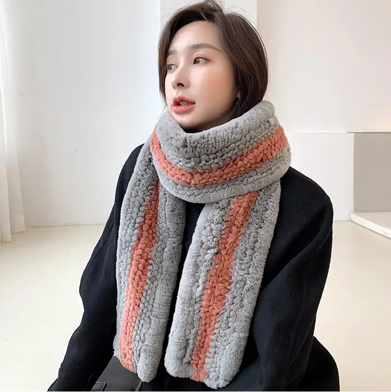 grey orange YCFUR, Новое поступление, женский длинный шарф, зима, настоящий мех кролика, шарфы для дам, шейный шарф для женщин - Цвет: grey orange