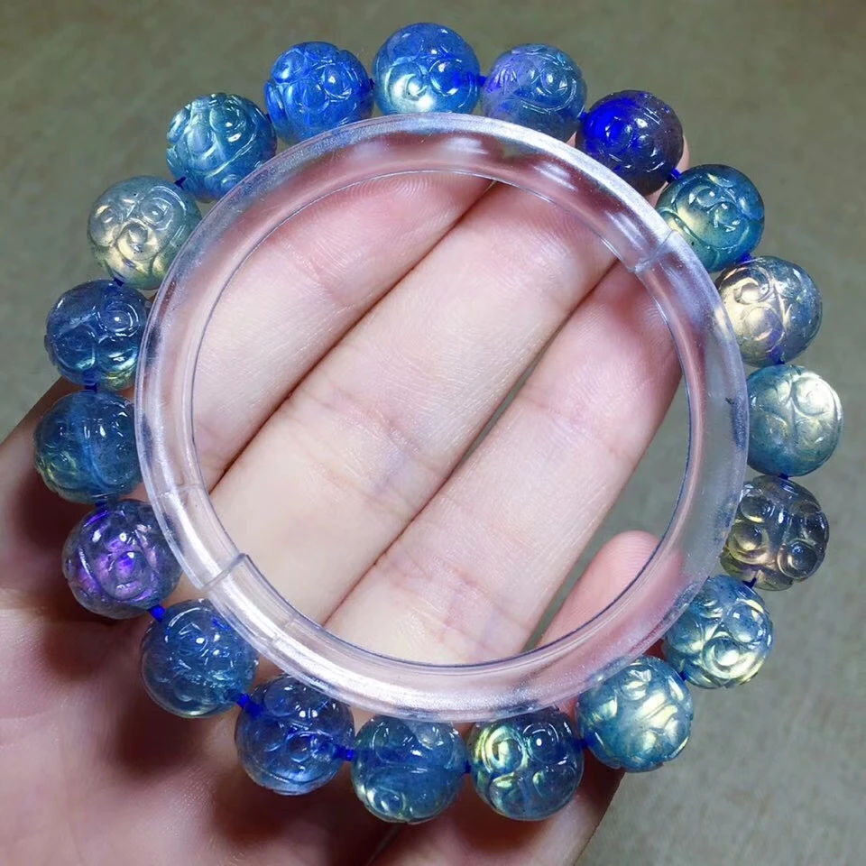 

Natural Blue Light Labradorite Clear Carved Beads Bracelet Crystal 10.5mm Men Women Jewelry Grey Moonstone Stone AAAAA