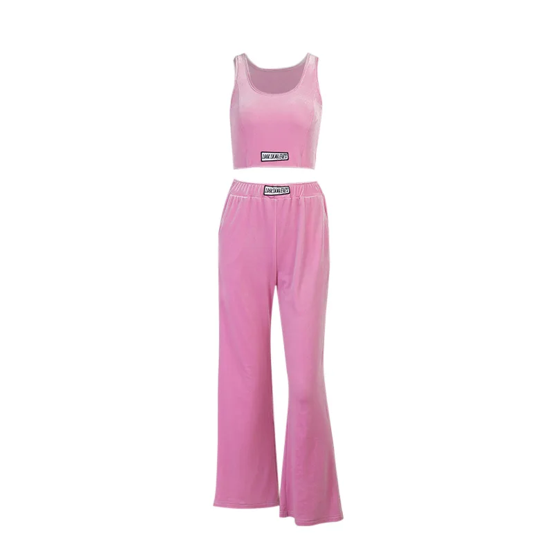 

Summer Fashion Sports Style Two-piece New Korean Velvet Casual Loose Ladies Vest Trousers Suit Elastic Waist Pink -40