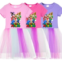 2021 new girls summer cartoon super mario printed mesh stitching short sleeved dress performance birthday gift princess dress