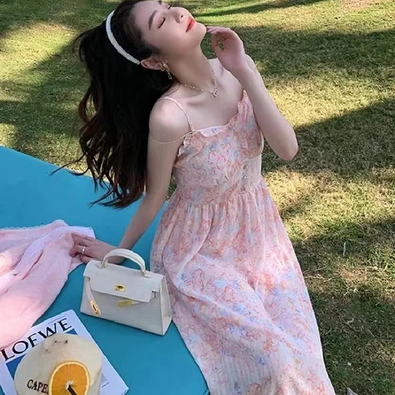 2021 Summer Dress Female Beach Office Lady Kawaii Design One Piece Dresses Korea Women Elegant Sweet Button Floral Strap Dress