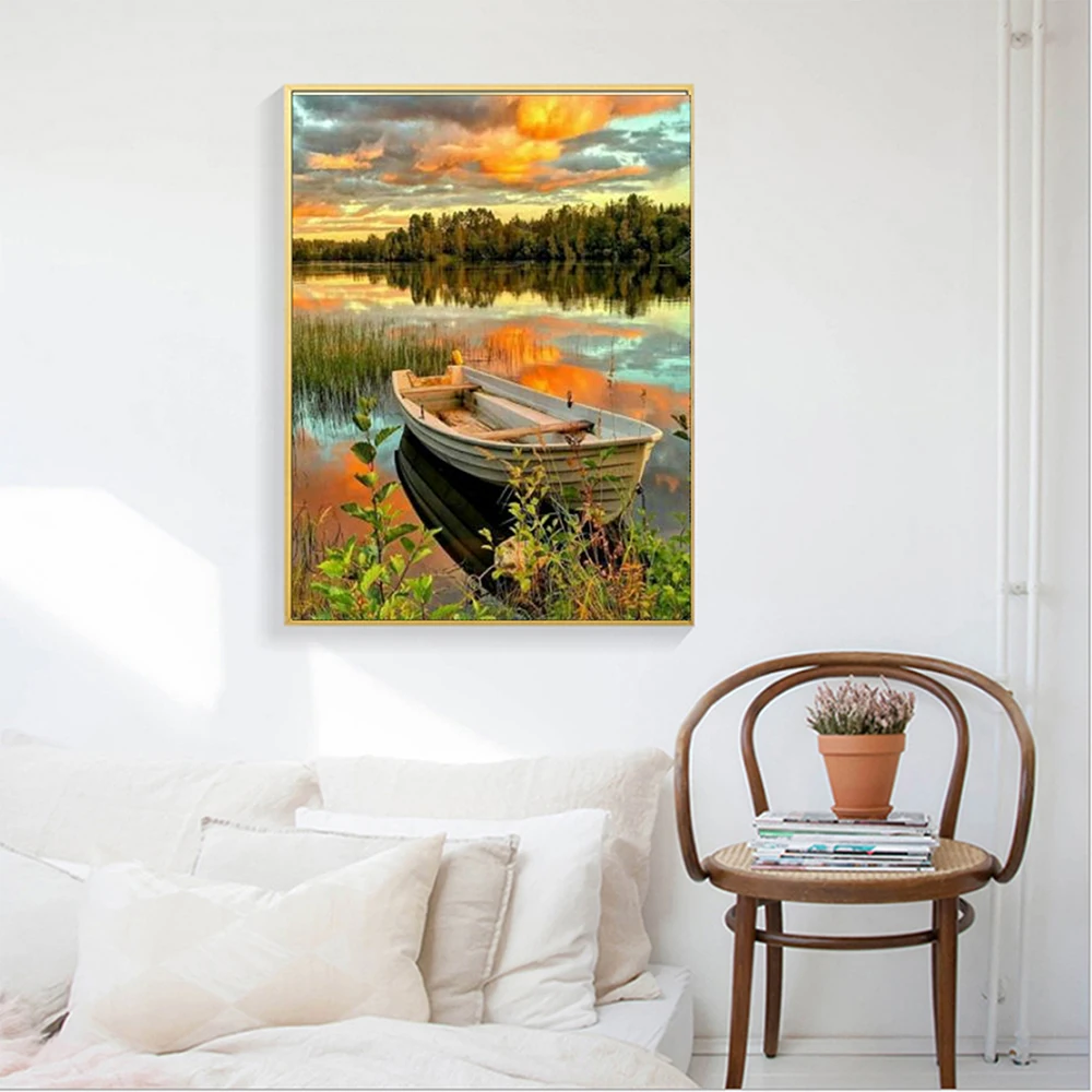 Round Diamond Painting Full Drill river boat landscape 5D DIY Embroidery Mosaic Canvas Cross Stitch Kit Room Decor Gift | Дом и сад