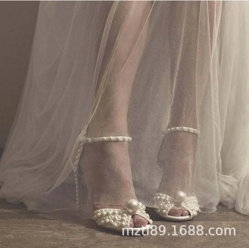 

2020 spring and summer new handmade pearl high heel shoes dew toe fairy shoes Wedding Dress Bridal Shoes Bridesmaid thin heel