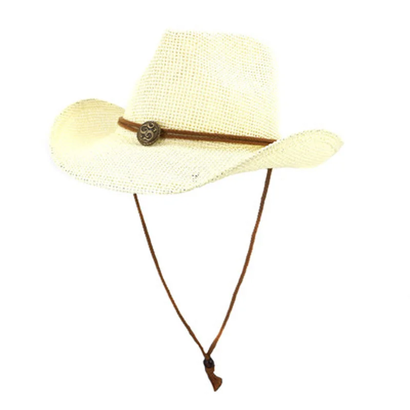 

straw hats women men summer spring panama western cowboy belt band jazz caps outdoor beach windproof rope sun women summer hats