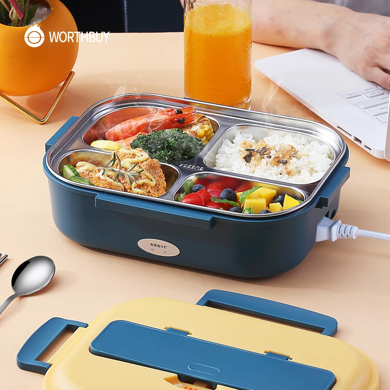 

WORTHBUY Heated Lunch Box Portable Stainless Steel Food Warmer Container Dinnerware Electric Thermal Bento Box Kid Office School