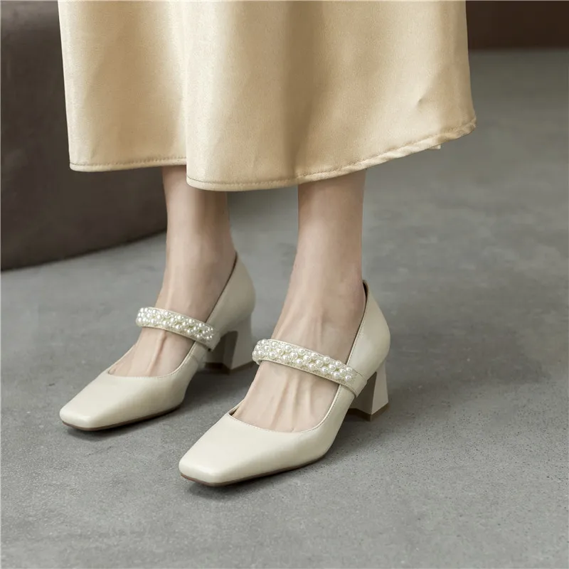 

Smirnova 2021 Big Size 34-42 Women Pumps Genuine Leather Party Shoes Summer Shallow Square Toe Ladies Single Shoes