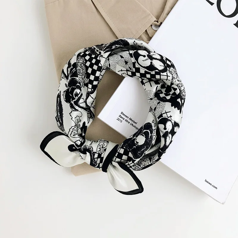 

Hot Sale 2020 Brand 100% Pure Silk Scarf Women Neck Hair Foulard Square Small Headband Hijab Print Poncho Scarves Pashmina 53cm