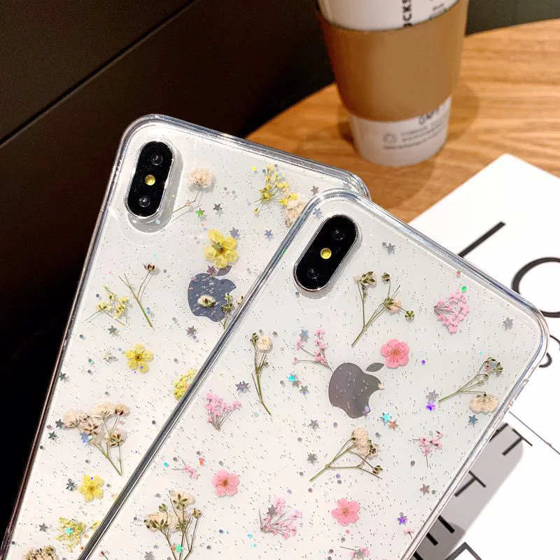 

Real Flowers Transparent Soft TPU Phone Case For iPhone 11 12Pro X XR XS Max 6 7 8 Plus Dried Flowers Bling beautiful Back Cover