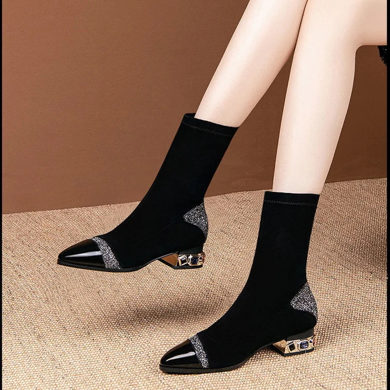 

FHANCHU Women Stretch Sock Boots,2021 NEW Autumn/Winter Shoes,Mid Calf Botas,Pointed Toe,Rhinestone Thick Heel,Black,Dropship