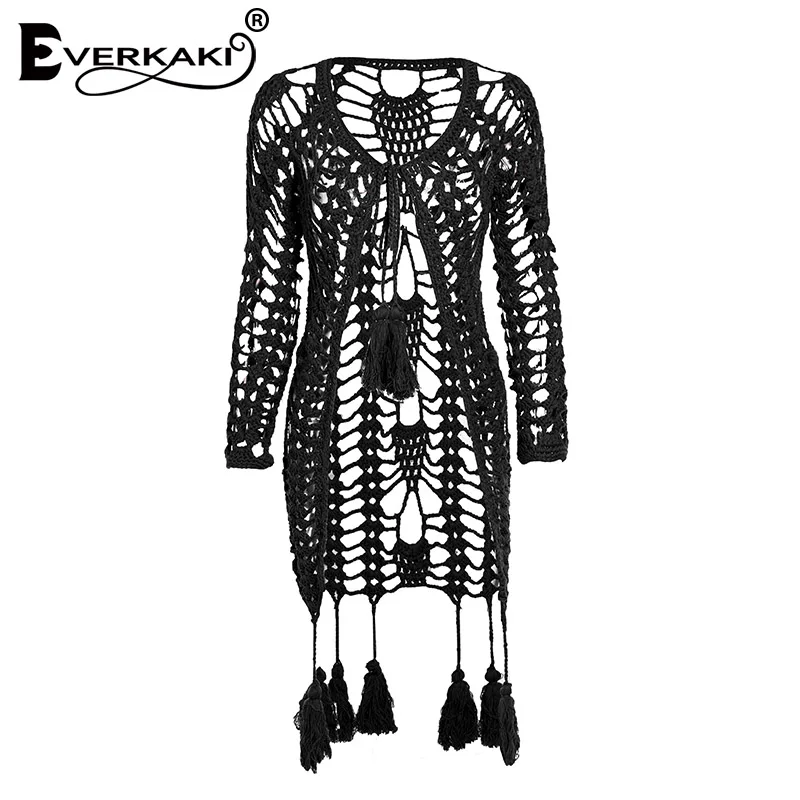 Everkaki, бохо, ручной вязки, длинный кардиган, свитер, женский, шерсть, свободный, полые, пляж, неровные, Вязанное пальто, кисточки,, осень, зима - Цвет: Черный