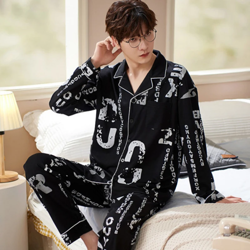 Winter Knitted Cotton Pajamas for Men Sleepwear Letter Nightwear 2pcs Set PJ Pijama Hombre Homeclothes Black Cotton Pyjama Homme
