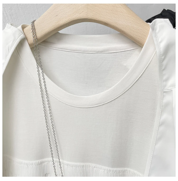 

GetSpring Women T Shirt Irregular T-shirt Lace Stitching Women Summer Tops Puff Sleeve Loose Casual Long Women Tshirt 2021 New