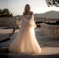 sweetheart ivory color appliques pleats bubble sleeve tulle a line boho wedding dresses 2020 vestidos de novia