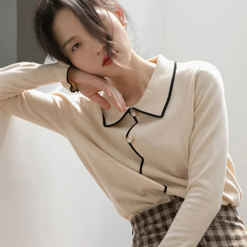 

Женский Осенний пуловер, однотонные короткие кардиганы, свитеры, Модная трикотажная одежда с длинным рукавом и воротником-поло, верхняя оде...