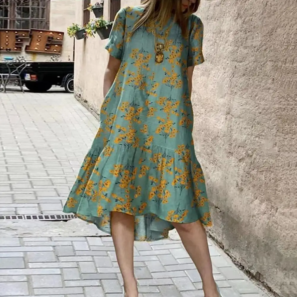 

2021 Za Summer Green Floral Print Midi Dress Women Tied Ruched Short Sleeve Elegant Party Dresses Woman Vintage Ruffle Hem Dress