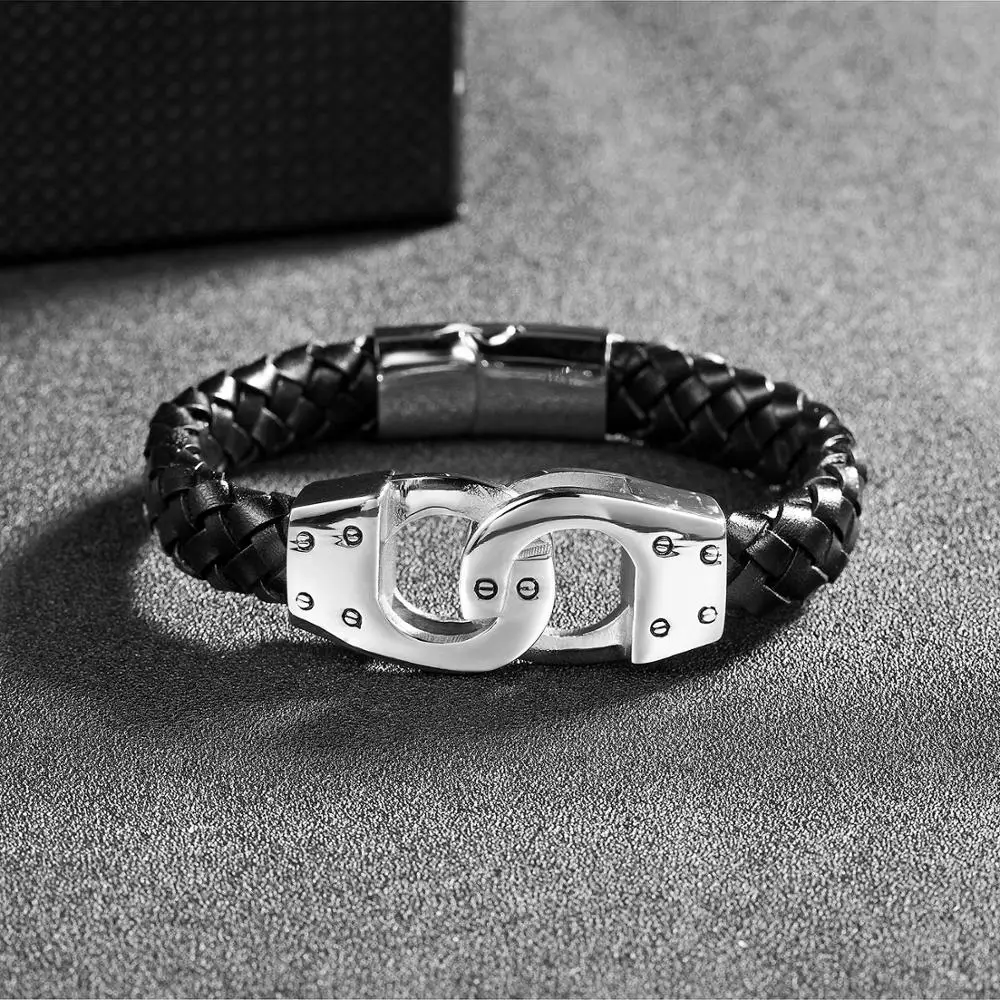 Браслет наручники из нержавеющей стали pulsera cuero hombre ручной работы Плетеный Черный