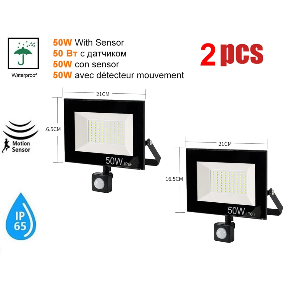 

2 pcs 220V 10-100W LED FloodLight Spotlight Exterior Street wall reflector Generation LED Energy PIR Infrared Motion Sensor Gard