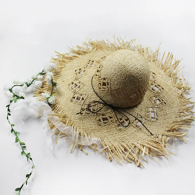 Шляпка из рафии с широкими полями плетеная пляжная шапка круглым плетением и