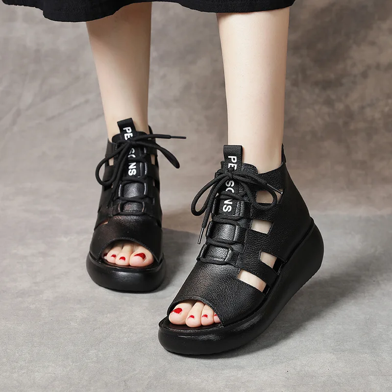 

Women Leather Sandals Low Heels Summer Shoes Peep Toe For Women Soft Genuine Leather Sandals Boot Women Handmade Casual Shoes