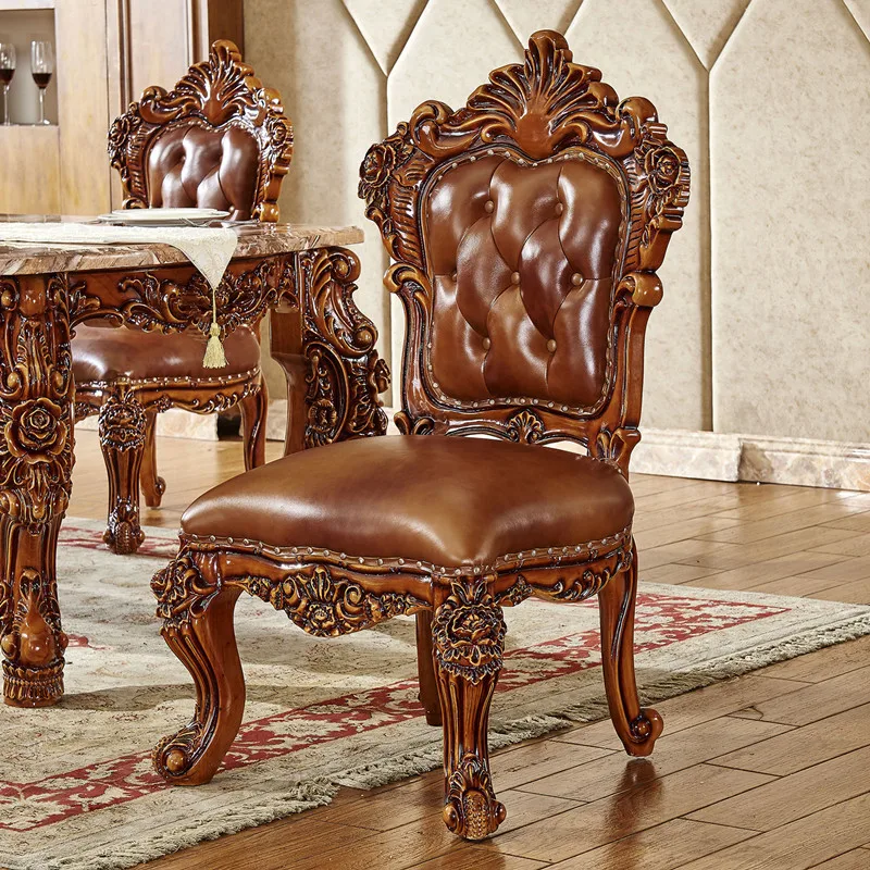Solid Wood Antique Dark Dining Chair Double-sided Carved Villa Hotel Large Apartment Master Chair