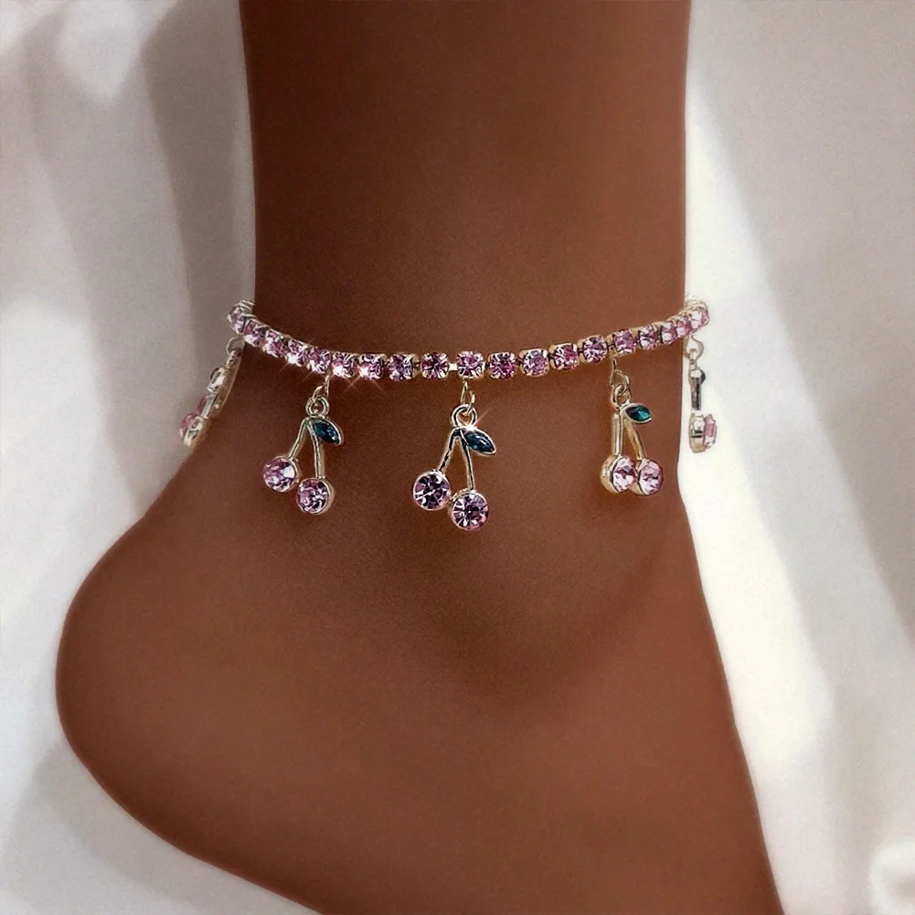 

Trendy Red Big Rhinestone Cherry Anklet Bracelet For Women Bling Bling Crystal Fruit Tennis Ankle Chain Punk Party Jewelry Gifts