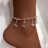trendy red big rhinestone cherry anklet bracelet for women bling bling crystal fruit tennis ankle chain punk party jewelry gifts