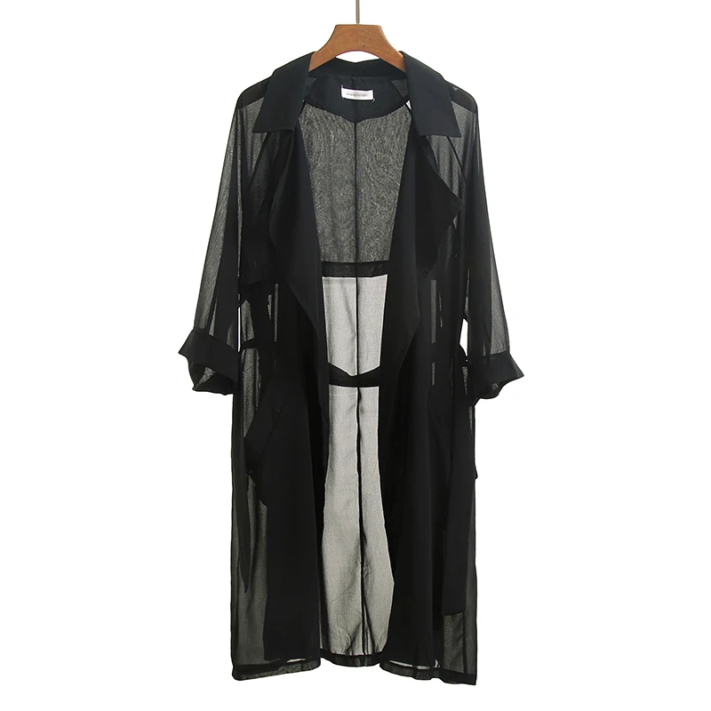 

Spring Summer Casual Loose Chiffon Trench Coat with Sashes Oversize Vintage Cloak Overcoats Windbreaker Office Lady