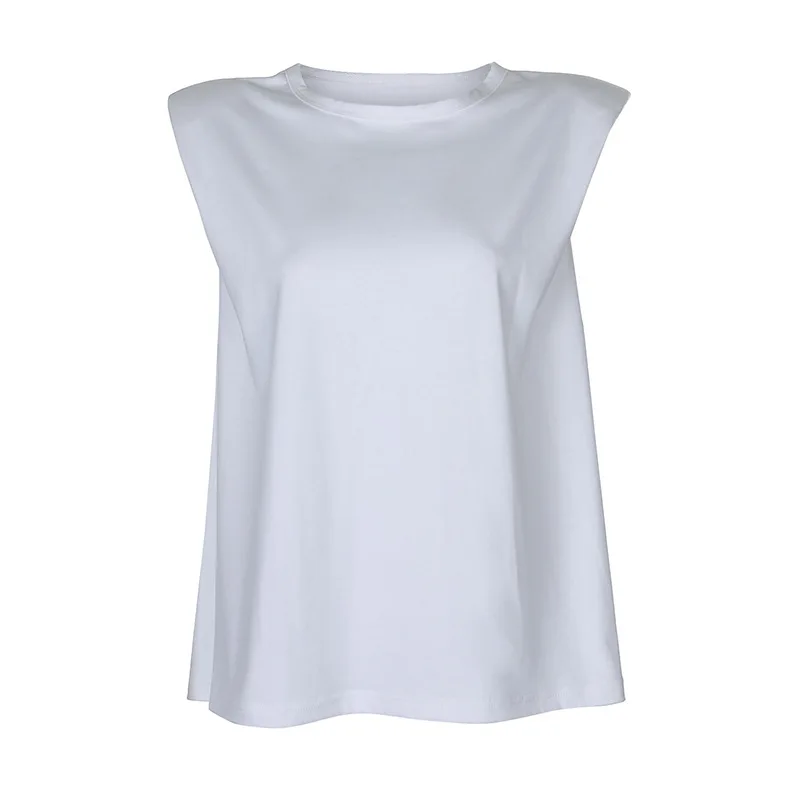 

2021 New Solid Color Sleeveless Shoulder Pad Loose Round Neck T-shirt Women Casual T-shirt Top