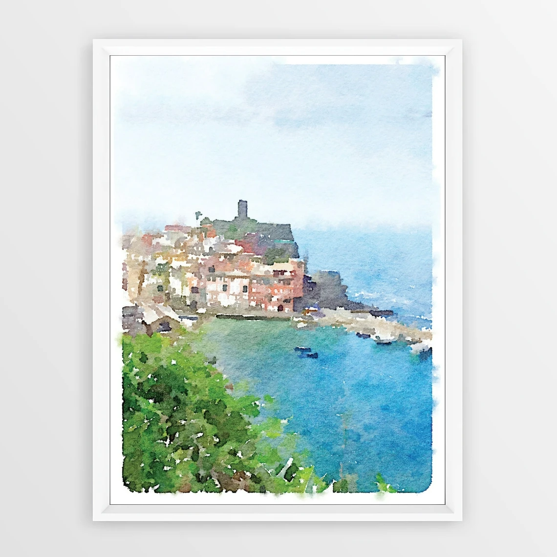 

Cinque Terre Vernazza Italy Coastal View Printable Watercolor Wall Art Print, Italian Coast Hilltop Houses Buildings Art Poster