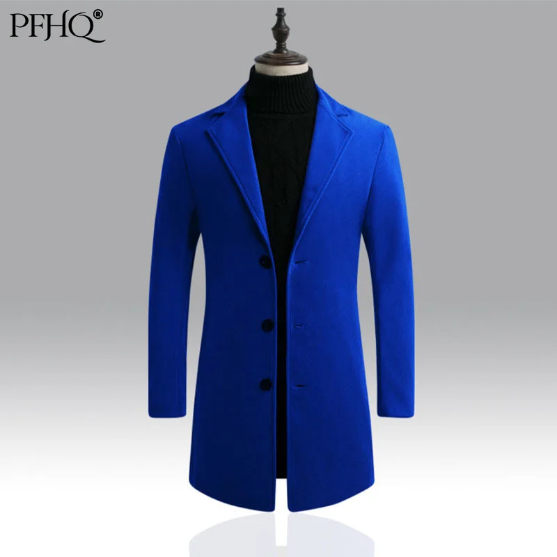 

PFHQ 2021 New Men Fashion Lapel Solid Color Single Breasted Korean Style Slim Mid-length Windbreaker Jacket Autumn Winter 21D137