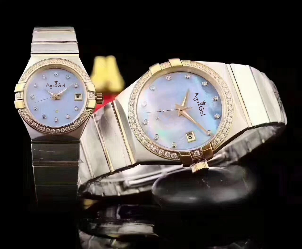 

Classic New Men Women Couple Silver Gold White Automatic Mechanical Stainless Steel Sapphire Watch Diamond Bezel Pearl Blue
