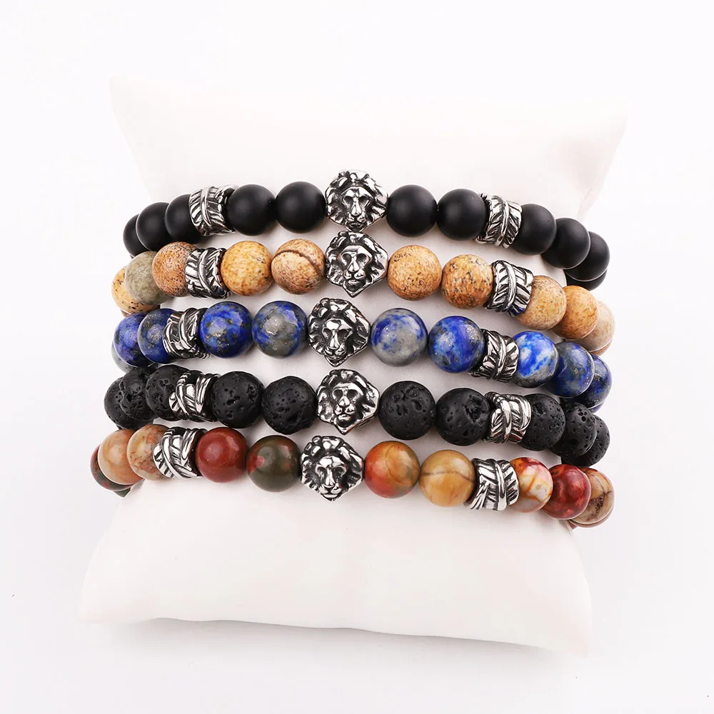 

Men Bracelet High Quality New Design Stainless Steel Vintage Leaf Feather Charm Lion Natural Stone Bacelet Men Jewelry Gift