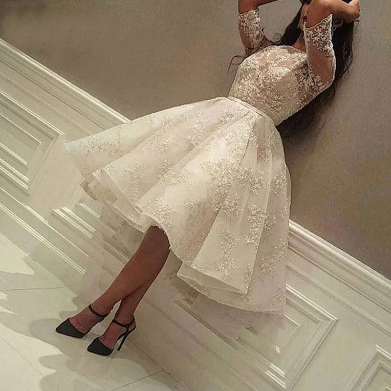 

Short Prom Dresses Formal Evening Party Gowns Vestido De Festa Robe De Soiree lace half sleeves
