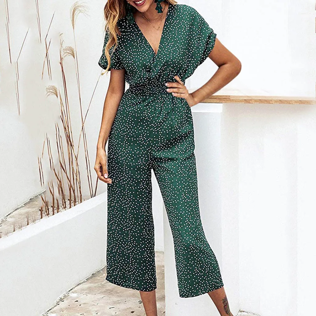 Женский Повседневный комбинезон в горошек длинный стиле бохо с V-образным