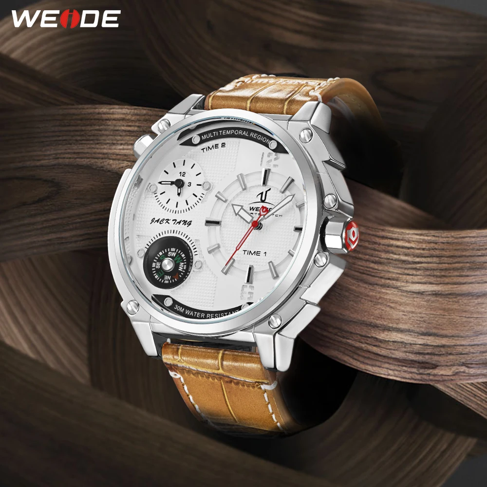 WEIDE топ бренд мужские часы Роскошные спортивные коричневые кожаный ремешок