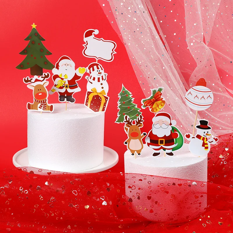 

Cartoon Merry Christmas Cake Topper Santa Snowman Elk Christmas Theme Cupcake Decoration Baking Party Favors