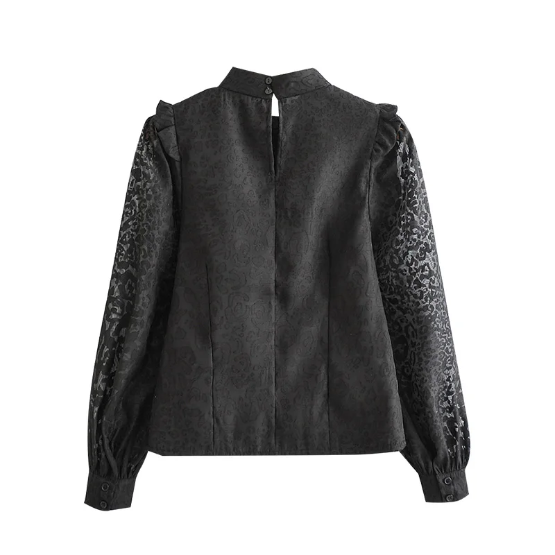 HiloRill Women Leopard Print Blouses 2021 Transparent Puff Long Sleeve Ruffle Shirt Black Elegant Top Blouse Blusas Mujer | Женская