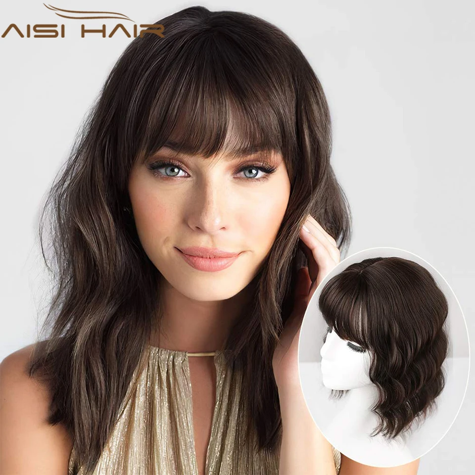 

AISI HAIR Synthetic Chocolate Brown Wavy Hair Topper for Women with Thinning Hair with Bangs Wavy Hair Extension Heat Resistant