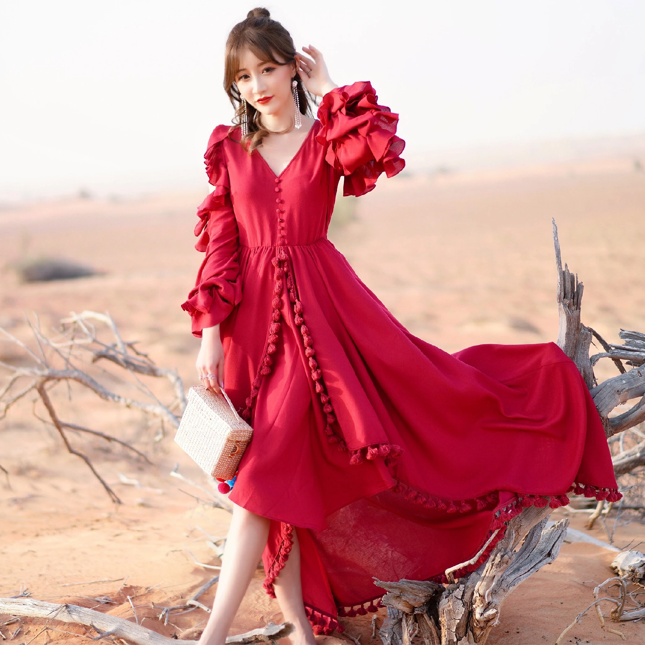 

Женское асимметричное платье YAMDI, однотонное красное винтажное платье-трапеция в стиле бохо с разрезом и длинным рукавом, весна-лето 2020