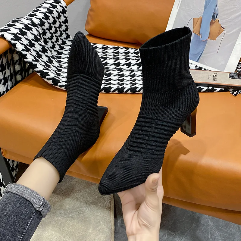 

Korean Pointed Toe Socks Boots Women Ankle 2021 Autumn New High Heels Knitted Stretch Shoes Woman Fashion Short Boots for Women
