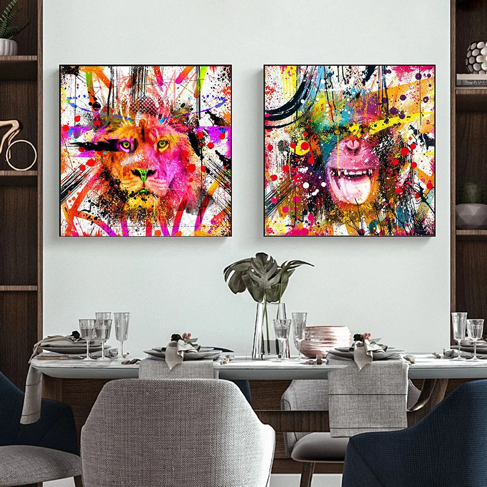

Abstract Lion Monkey Graffiti Art Canvas Painting and Colorful Animals Poster Print Wall Art Picture for Living Room Home Decor