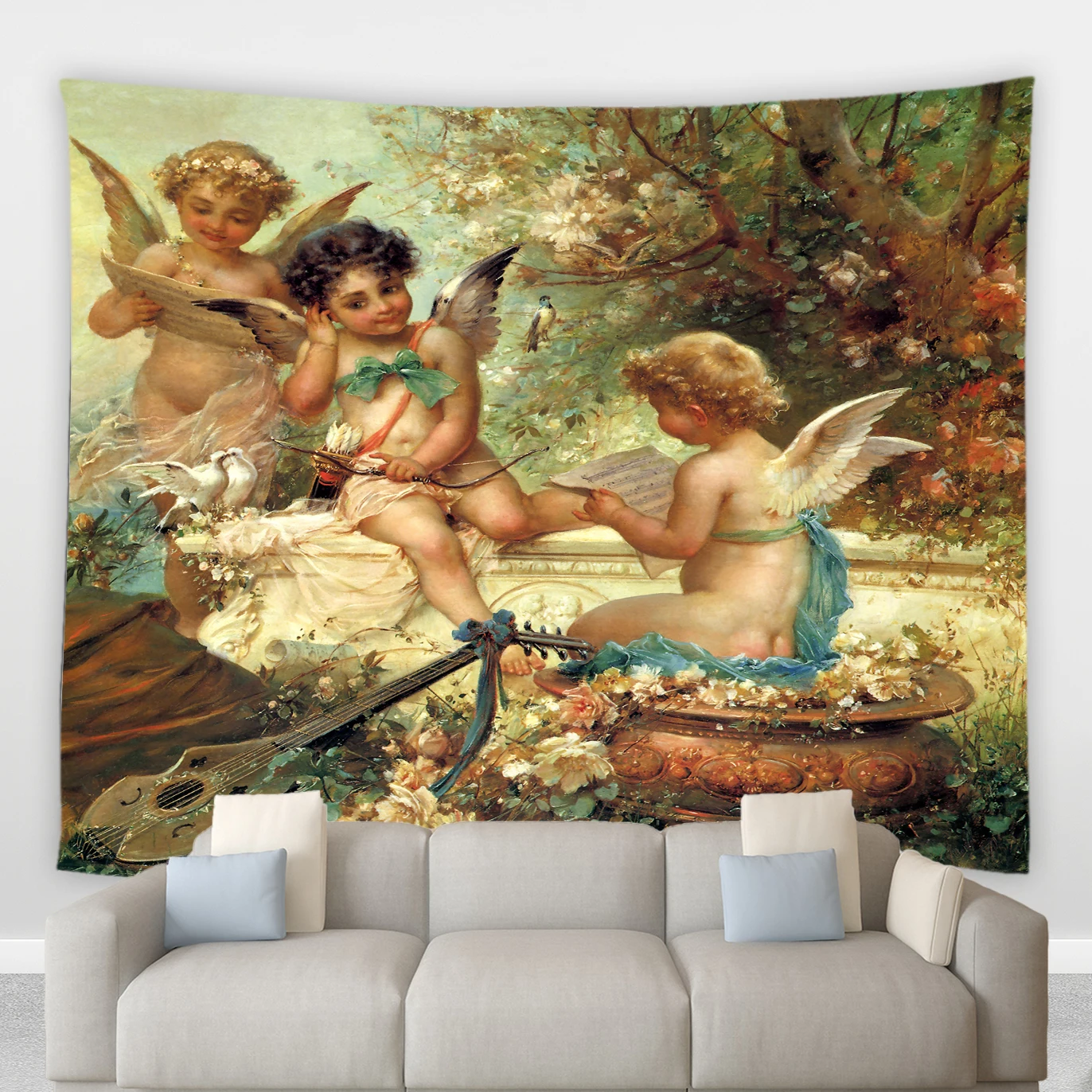 

Cartoon Big Tapestry Winged Elves Angel Flower Tree Flowerbed Wall Hanging Blanket Retro Home Living Room Bedroom Decor Curtains